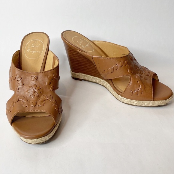 Jack Rogers Sophia Oak Brown Leather Wood Stacked Wedge Slide Sandals Size 6 - Picture 2 of 9